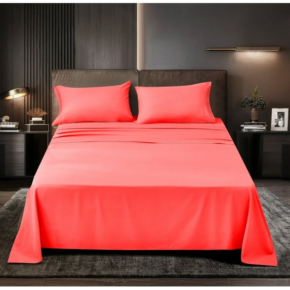 Prime Series Rayon Made from Bamboo Sheet Set - Wrinkle Free -Softer than Cotton- Deep Pockets - 4 Piece - 1 Fitted Sheet, 1 Flat, 2 Pillowcases Full, Coral
