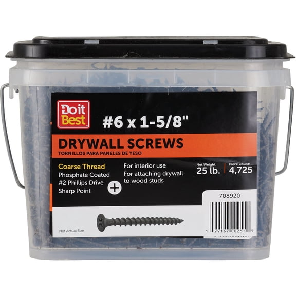 Prime Source, Black, 1.625 inches, Grip-Rite 158CDW25BK 6-by-1-5/8-Inch Coarse Thread Drywall Screws with Bugle Head, 25-Pound Bucket