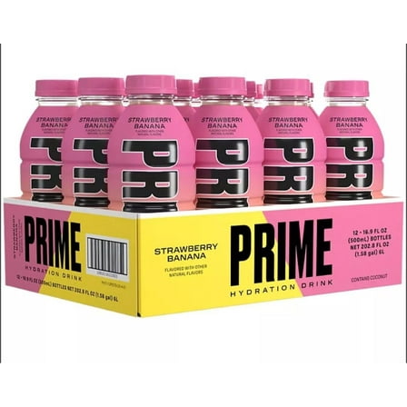 Prime Sports Drink Strawberry Banana 12 PACK - 16.9Fl oz Hydration Beverage Paul and KSI