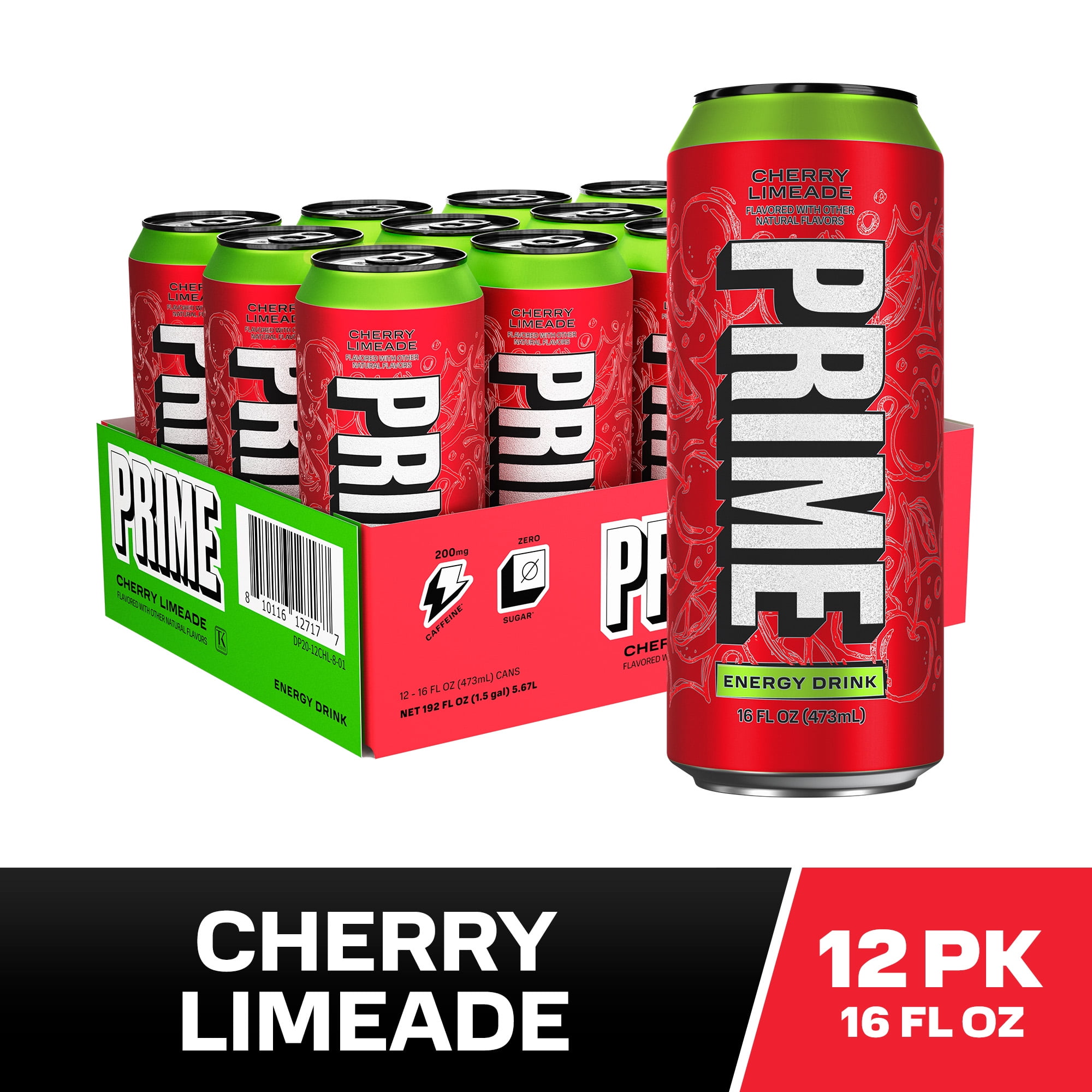 Prime Sugar Free Energy Drink, Cherry Limeade, 16 fl oz, 12 Pack, Cans, 200mg Caffeine