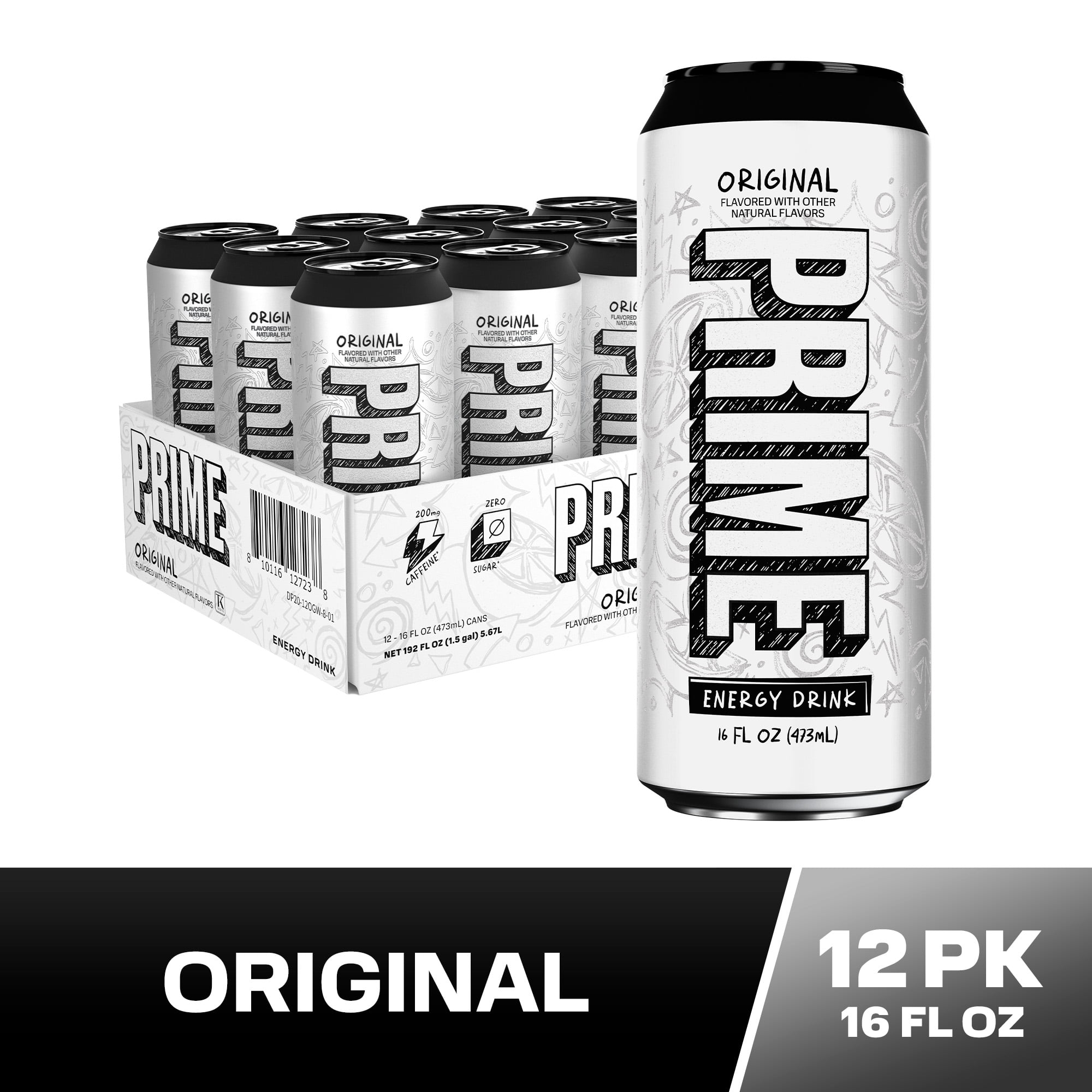 Prime Sugar Free Energy Drink, Original, 16 fl oz, 12 Pack, Cans, 200mg Caffeine