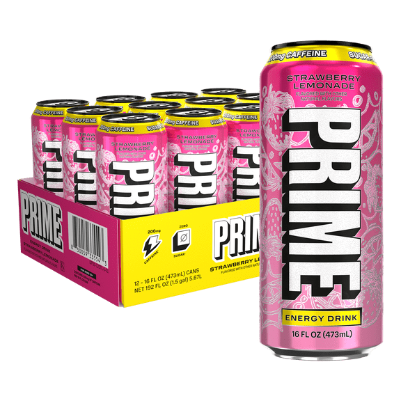 Prime Sugar Free Energy Drink, Strawberry Lemonade, 16 fl oz, 12 Pack, Cans, 200mg Caffeine