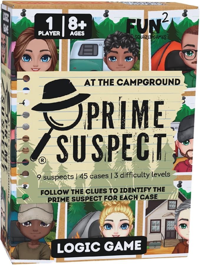 Prime Suspect – Logic Game with 45 Case Cards | Single Player or Group Play | Ages 8+ | Compact Brain Teaser Game | 5 Collectible Editions (Prime Suspect: at The Campground)