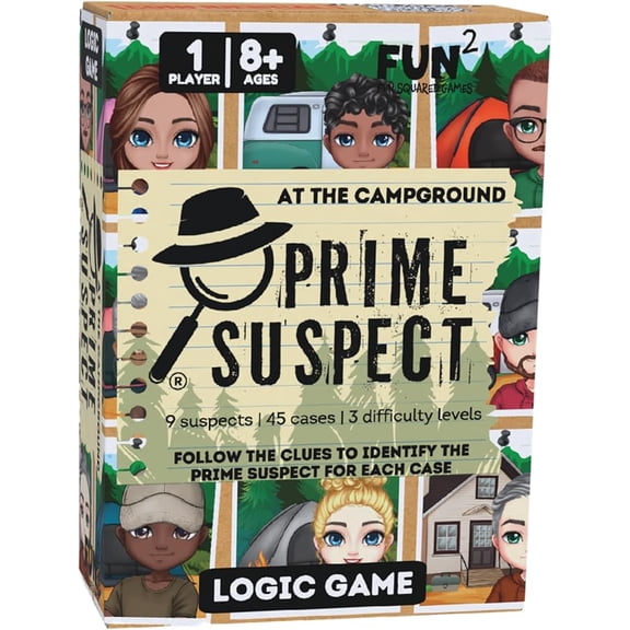 Prime Suspect  Logic Game with 45 Case Cards | Single Player or Group Play | Ages 8+ | Compact Brain Teaser Game | 5 Collectible Editions (Prime Suspect: at The Campground)