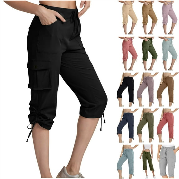 Prime Today, BiZtdJrK Women's Cargo Capri Pants Outdoor Lightweight Drawstring Hiking Cropped Pants Summer Solid Casual Capris Pants with Pockets Army Green XXL