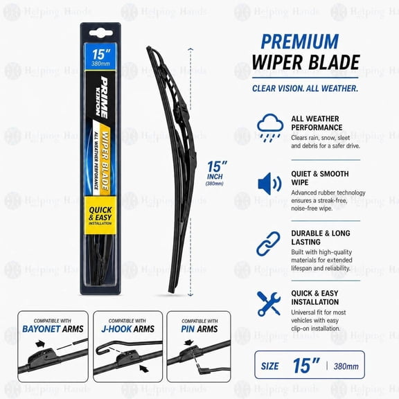 Prime Vision Conventional - J-Hook, Bayonet, Pin - Wiper Blade 15 Inch - PCB15