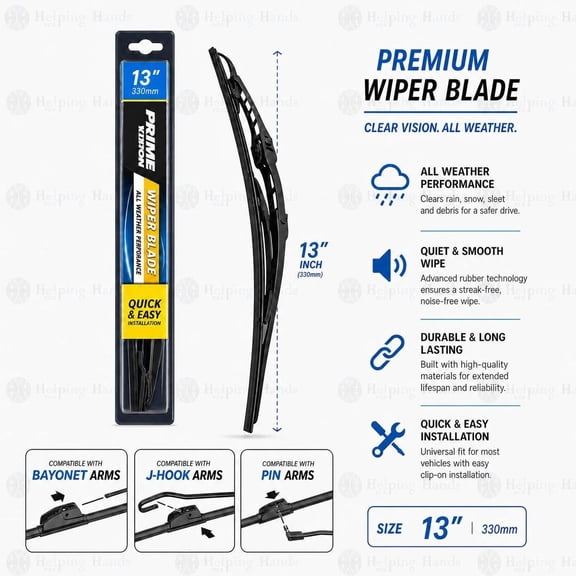 Prime Vision Conventional - J Hook Type - Wiper Blade 13 Inch - PCB13 Pack of 1