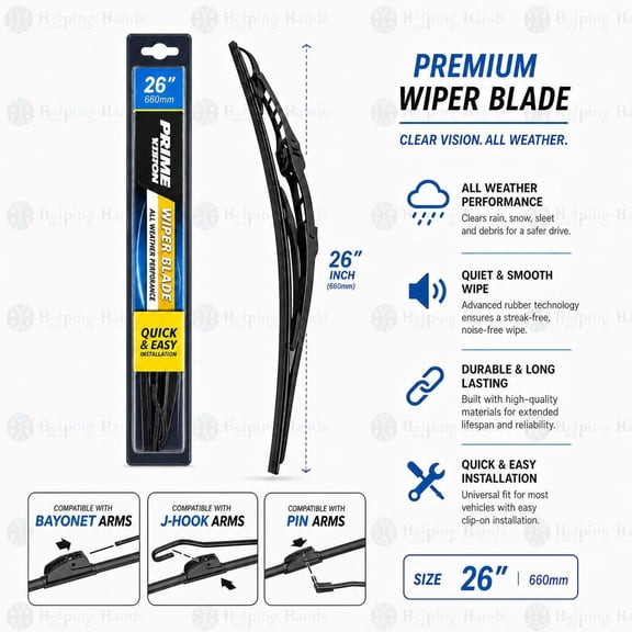 Prime Vision Conventional - J Hook Type - Wiper Blade 26 Inch - PCB26 Pack of 1