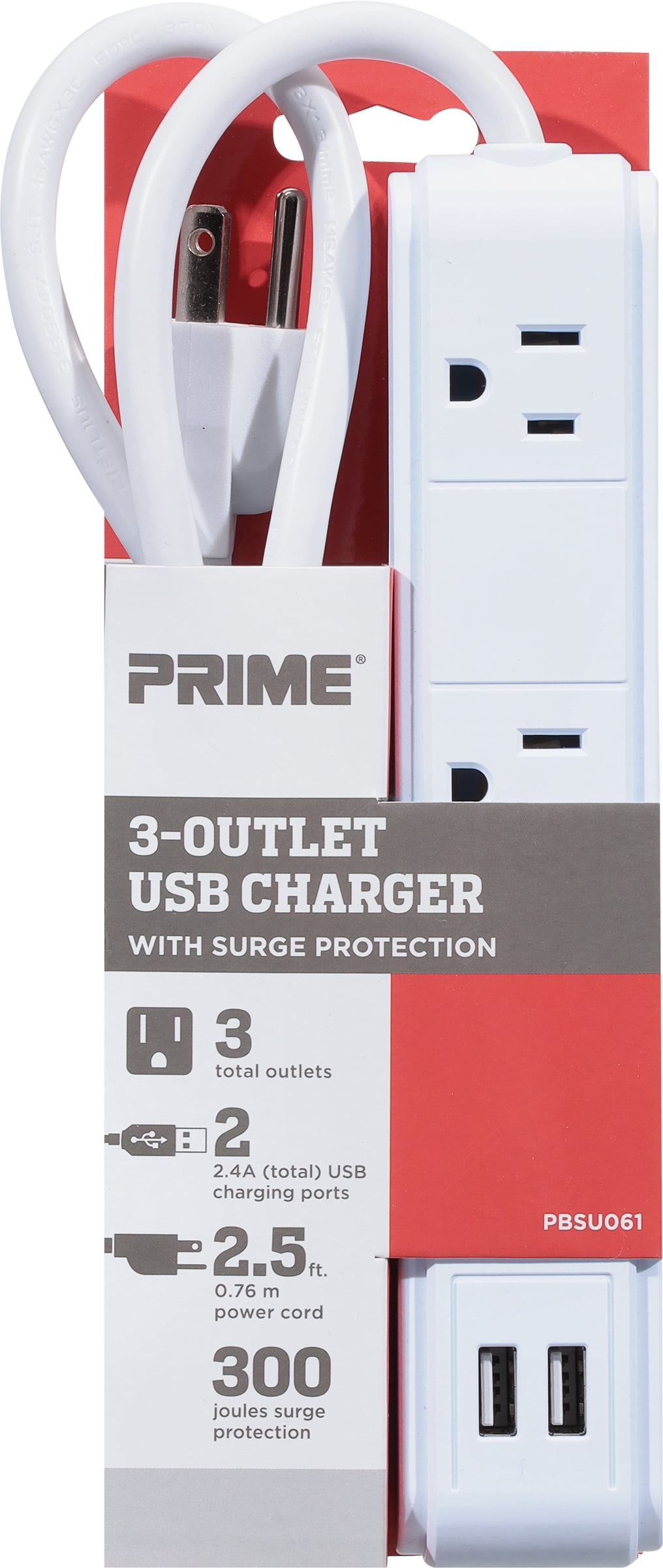 Prime Wire & Cable 3-Outlet/2-USB-A 300J White Surge Strip with 2.5 Ft. Cord