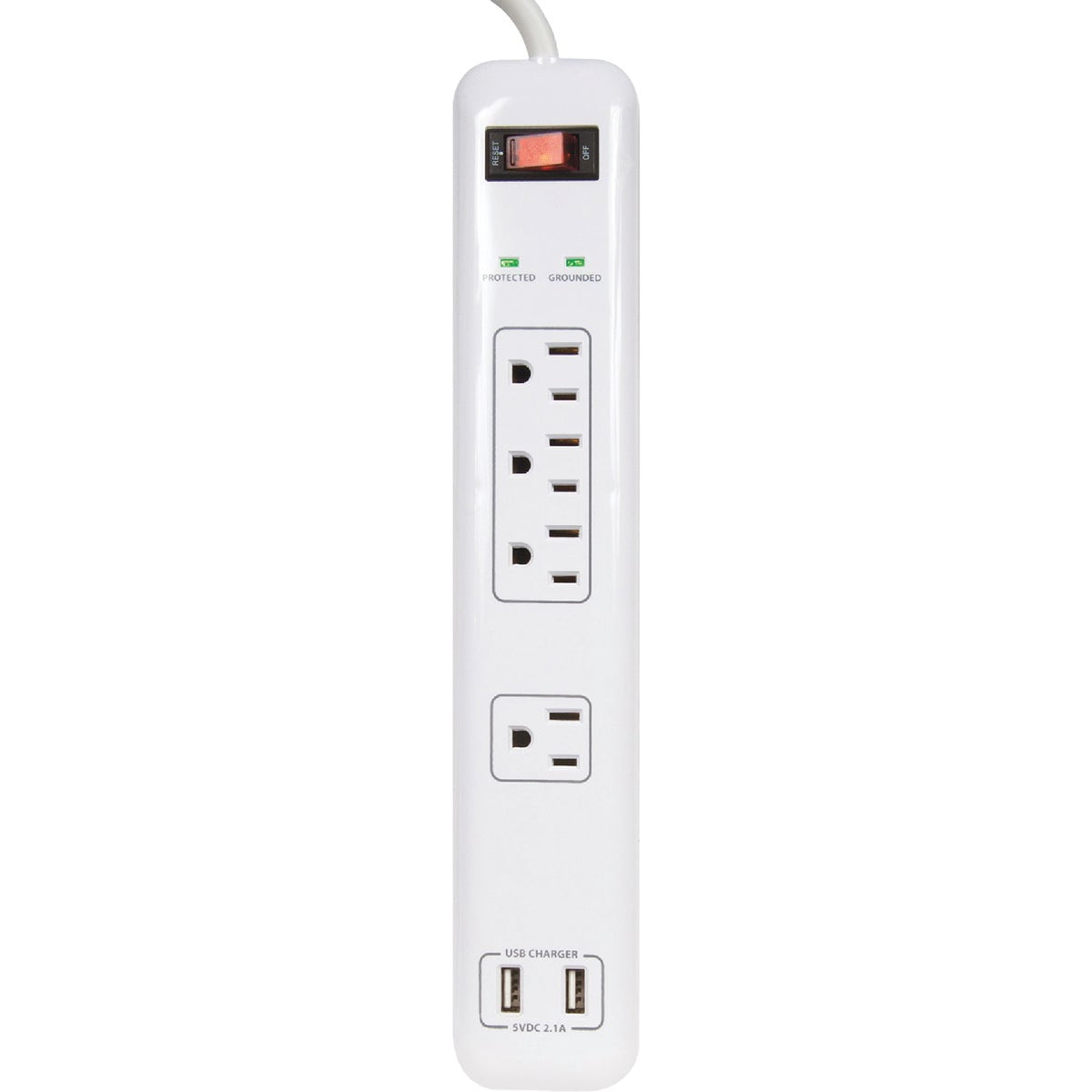 Prime Wire & Cable PB505104 4-Outlet Electronics Surge Protector with 14/3 SJT 4-Feet Cord and USB Charger, White