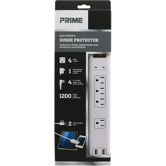 Prime Wire & Cable PB505104 4-Outlet Electronics Surge Protector with 14/3 SJT 4-Feet Cord and USB Charger, White