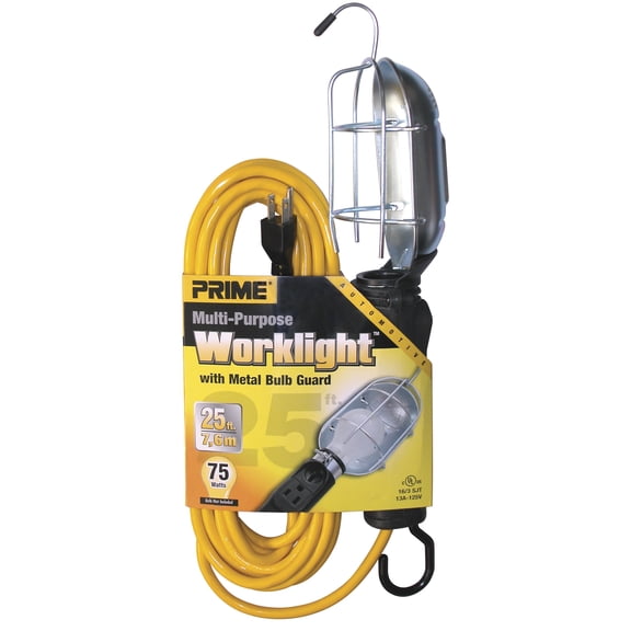 Prime Wire & Cable TL010625 25 ft. 16 - 03 - 15 SJT Metal Guard Work Light Cord Yellow & Outlet