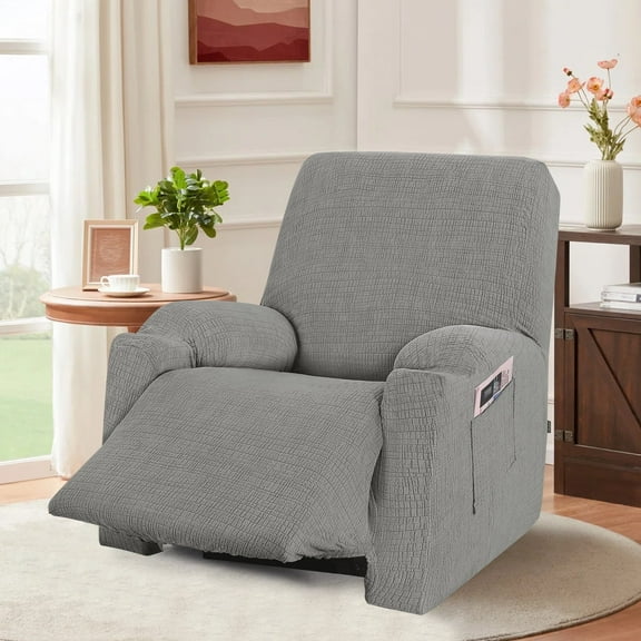 PrimeBeau High-Stretch Jacquard Recliner Chair Cover Washable Non-Slip Electric Lift Recliner Chair Cover Pet Elder Friendly Furniture Protector with Pockets Light Grey