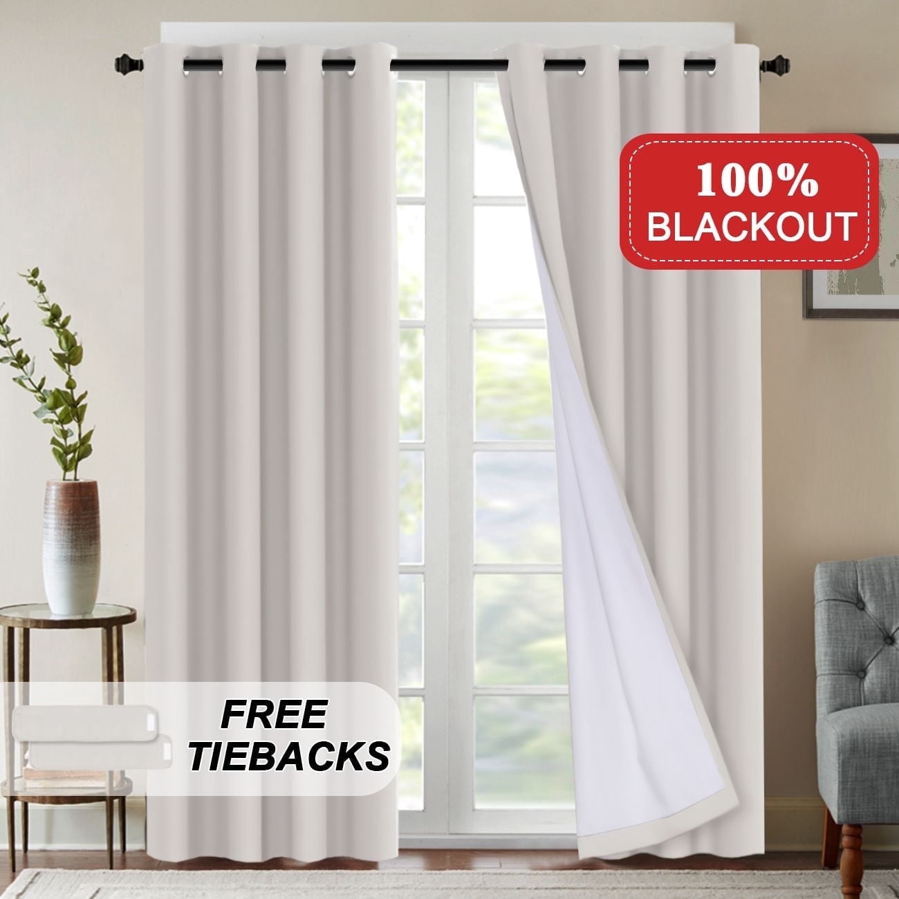 PrimeBeau Blackout Thermal Insulated Curtain Panels 108" Inches Long, Set of 2, Natural