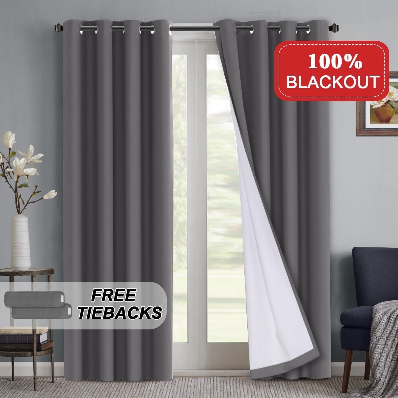 PrimeBeau Thermal Insulated Privacy Blackout Curtain Panels 96" Long for Bedroom Living Room, Set of 2, Grey