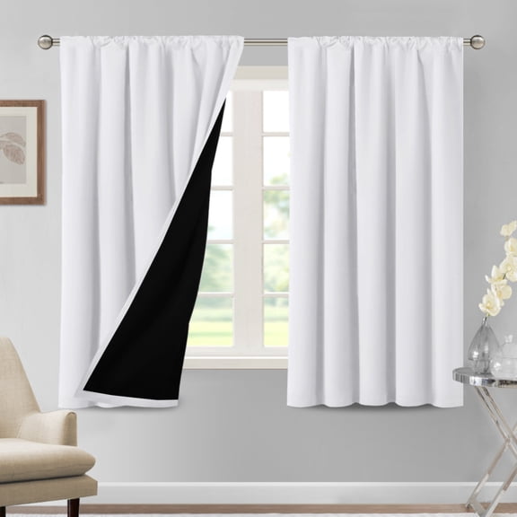 PrimeBeau 100% Blackout Curtains with Black Liner, Thermal Insulated Rod Pocket Back Tab Drapes, 63 Inch 2 Panels, Pure White