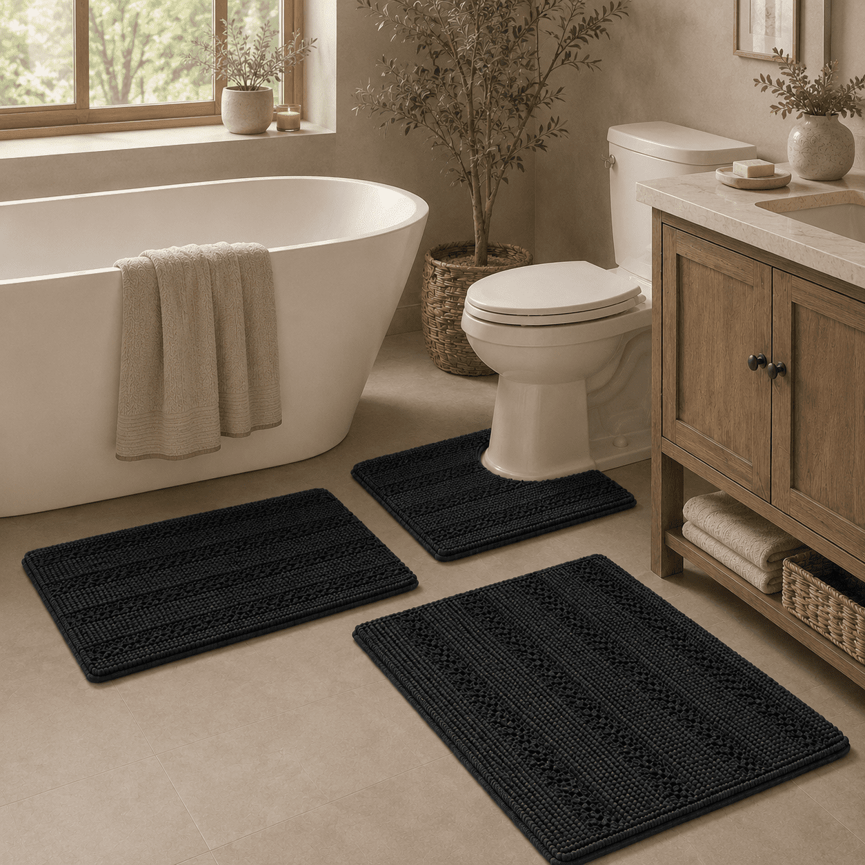 PrimeBeau Luxurious Chenille 3 Piece Bathroom Rugs Set Non Slip Soft Bath Mat for Tub, Shower and Toilet