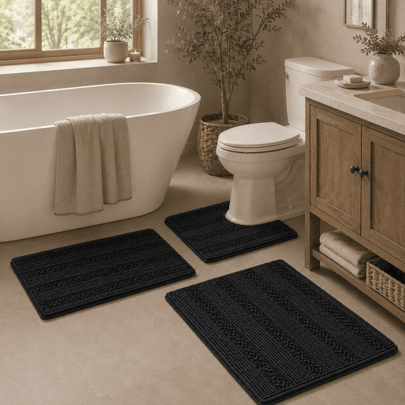 PrimeBeau Luxurious Chenille 3 Piece Bathroom Rugs Set Non Slip Soft Bath Mat for Tub, Shower and Toilet