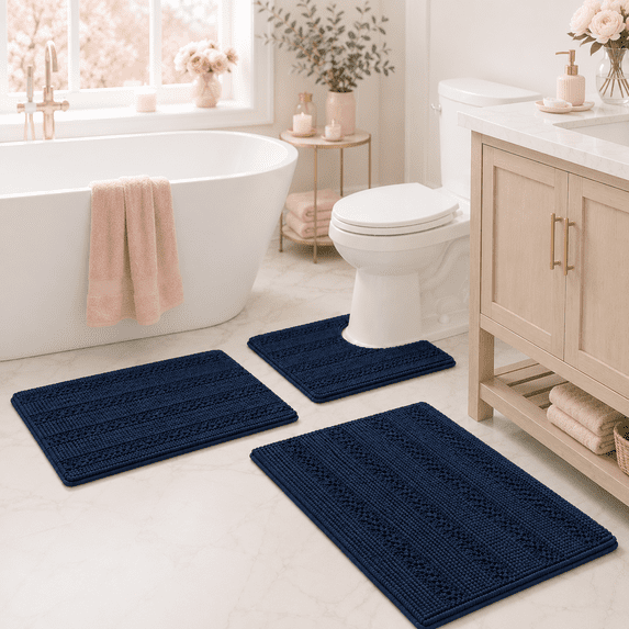 PrimeBeau Chenille Non-Slip 3 Piece Bathroom Rugs Set - Bath Mat for Tub, Shower, and Toilet