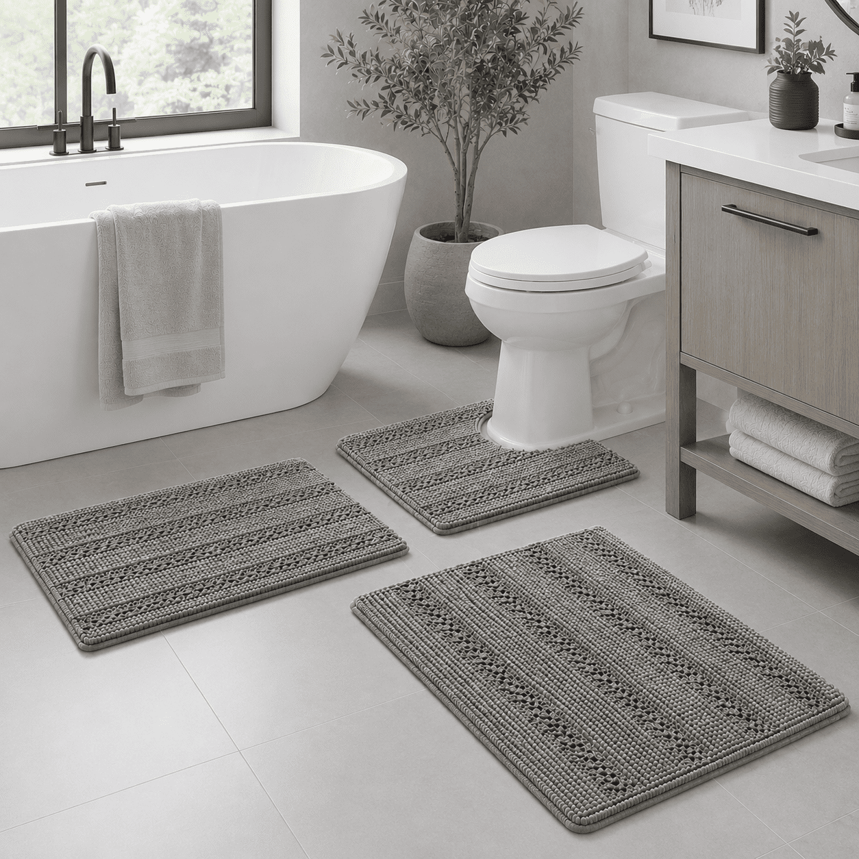Primebeau Chenille Bathroom Rug Set - Non Slip, Absorbent - 3 Piece, Gray