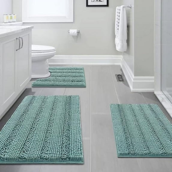 PrimeBeau Luxurious Non-Slip Absorbent 3 Piece Bathroom Rugs Set - Thick Striped Bath Rugs