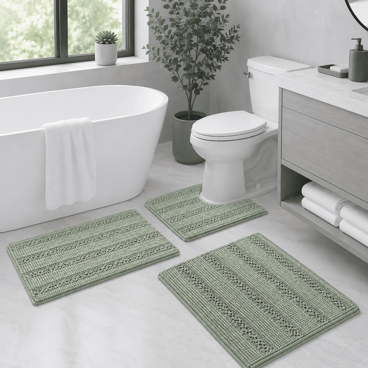 PrimeBeau Bath Rug Set - Non-Slip and Absorbent - 3-Piece, Sage Green