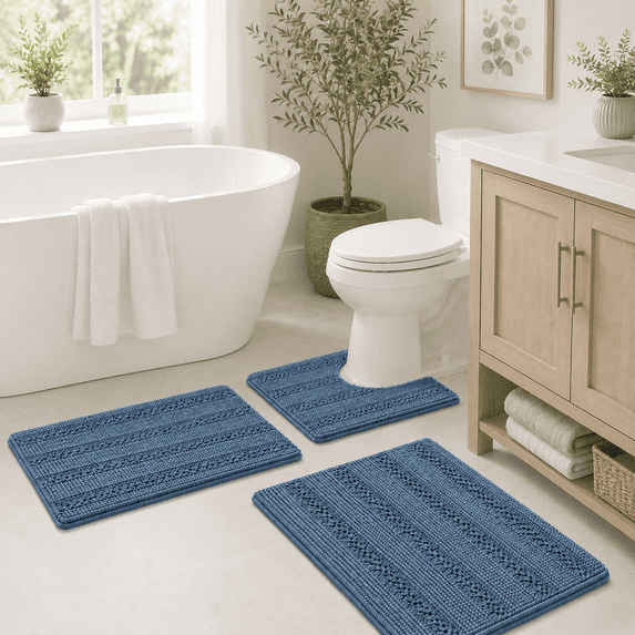 Primebeau Chenille Bathroom Rugs Set, 3-Piece Non-Slip Absorbent Microfiber Bath Mats for Tub, Shower & Toilet