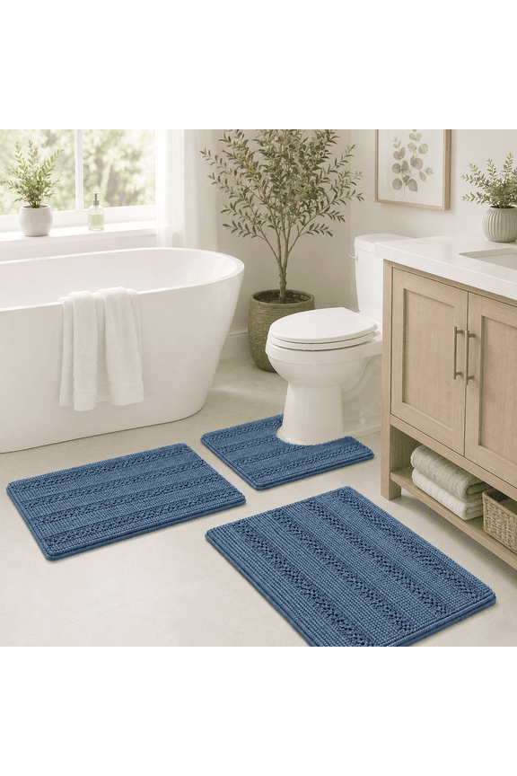 Chenille Bathroom Rugs Set, 3-Piece Non-Slip Absorbent Microfiber Bath Mats for Tub, Shower & Toilet