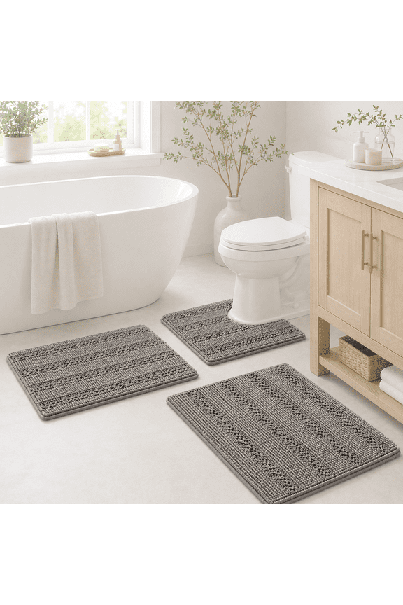Luxurious Non-Slip Absorbent 3 Piece Bathroom Rugs Set - Thick Striped Bath Rugs for Tub, Shower, Toilet (17''x24''+20''x32''+20''x24'' U-Shaped)