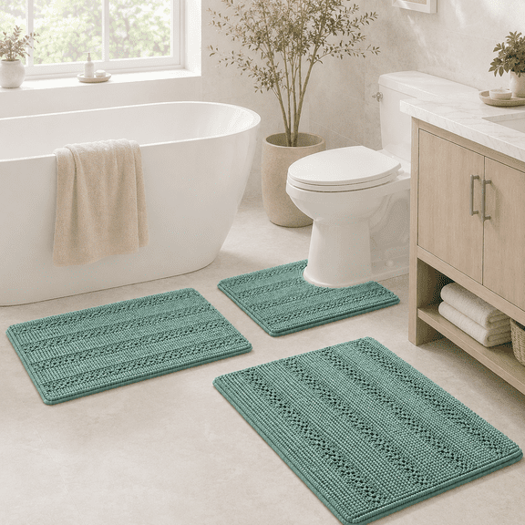 PrimeBeau Luxurious Non-Slip Absorbent 3 Piece Bathroom Rugs Set - Thick Striped Bath Rugs