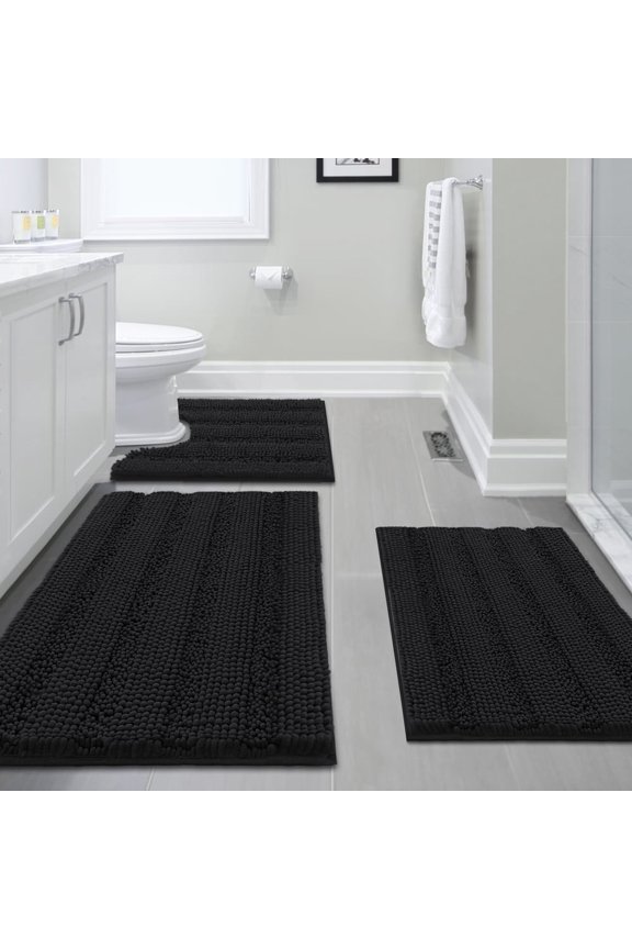 Luxurious Chenille 3 Piece Bathroom Rugs Set Non Slip Soft Bath Mat for Tub, Shower and Toilet