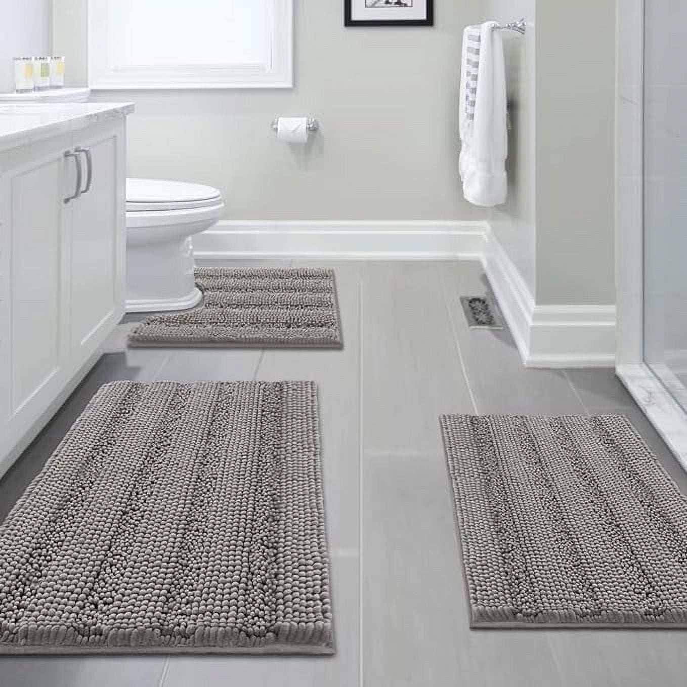 PrimeBeau Chenille Luxury 3 Piece Bathroom Rugs Set, Non Slip Soft Absorbent Bath Mat for Tub, Shower, Toilet