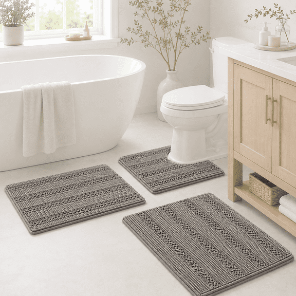 PrimeBeau Non-Slip Absorbent Thick Stripe 3 Piece Bathroom Rugs Set(17''x24''+20''x32''+20''x24'' U-Shaped)