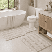PrimeBeau Washable Bathroom Rug Set, Plush Chenille Shaggy Non-Slip Bath Mat, 3-Piece, Cream