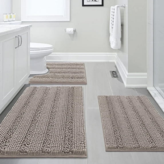 PrimeBeau 3 Piece Shaggy Chenille Non-Slip Absorbent Bath Mat Set, Khaki (17" x 24", 20" x 32", 20" x 24" U)