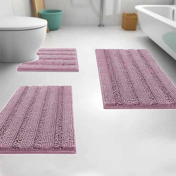 PrimeBeau 3 Piece Non Slip Soft Absorbent Bath Mat Set(17''x24''+20''x32''+20''x24'' U-Shaped), Mauve Color
