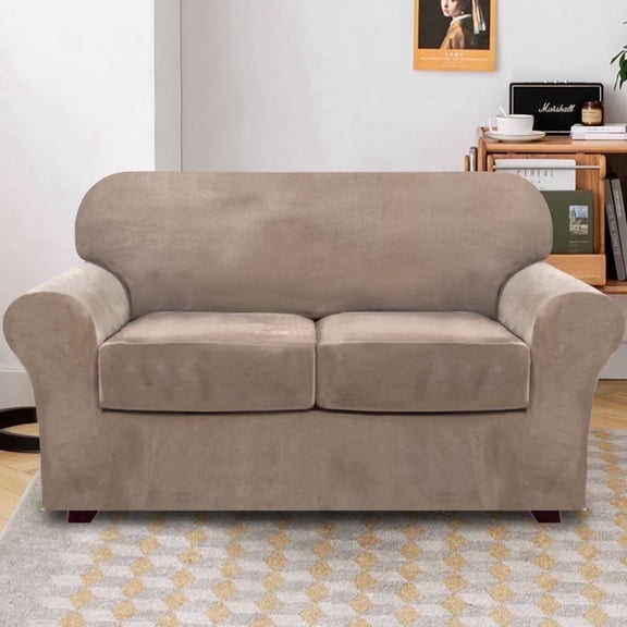 PrimeBeau Velvet Plush Fabric Sofa Slipcover, Taupe