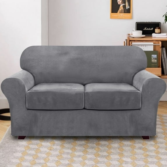 Primebeau Velvet Slipcover for 2 Cushion Loveseat, Gray