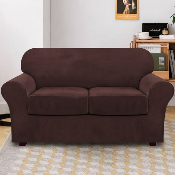 PrimeBeau Velvet Sofa Slipcover, 3 Piece High Stretch Couch Cover for 2 Cushion Loveseat, Brown