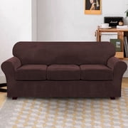 Primebeau Velvet Sofa Slipcover - Stretch Fabric - 4 Piece, Brown
