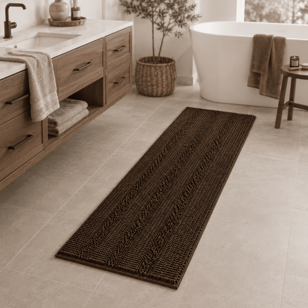 PrimeBeau 59x20 inch Oversize Non-Slip Long Striped Rugs for Powder Room, Chocolate