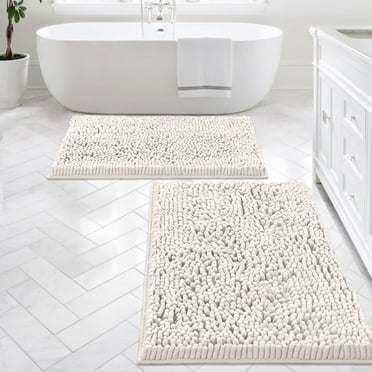 PrimeBeau Absorbent Bathroom Rug, Chenille Carpet, Water Absorbent, Off White, 20x32 & 17x24 Inches