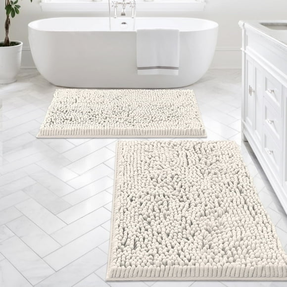 PrimeBeau Absorbent Bathroom Rug, Chenille Carpet, Water Absorbent, Off White, 20x32 & 17x24 Inches