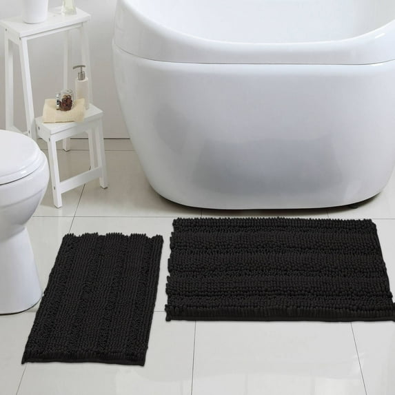 PrimeBeau Bath Mat Chenille Bathroom Rugs Set 2 Pieces Extra soft and Super Absorbent Water, Non-slip, Microfiber Door Mats for Bathroom/Kitchen(Black,20" x 32"/17" x 24")