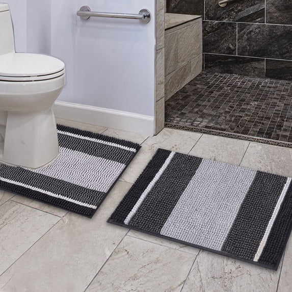 PrimeBeau Bathroom Gradient Rugs Luxury Chenille Mat Set, Soft Plush Shower Rug + Toilet Mat, Microfiber Striped Shaggy Carpet(Curved Set, 32" x 20"/20" x 20", Black)