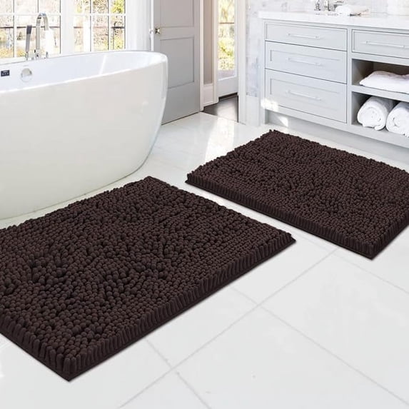 PrimeBeau Bathroom Rugs, Absorbent Non-Slip Luxury Chenille Extra Soft Shaggy Washable Set, 2 Piece, Chocolate