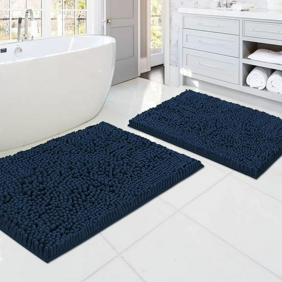 PrimeBeau Luxury Chenille Bathroom Rugs, Non-Slip, Extra Soft, Absorbent, Washable, 2 Piece Bath Mats Set, Navy