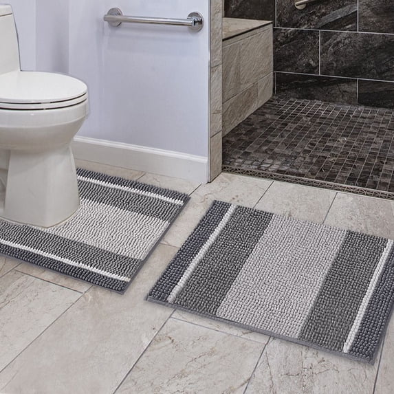 PrimeBeau Bathroom Rugs Luxury Chenille 2-Piece Bath Mat Set, Soft Plush Anti-Slip Shower Rug + Toilet Mat Microfiber Shaggy Carpet, Super Absorbent Machine Washable(Curved Set, Gradient Gray)