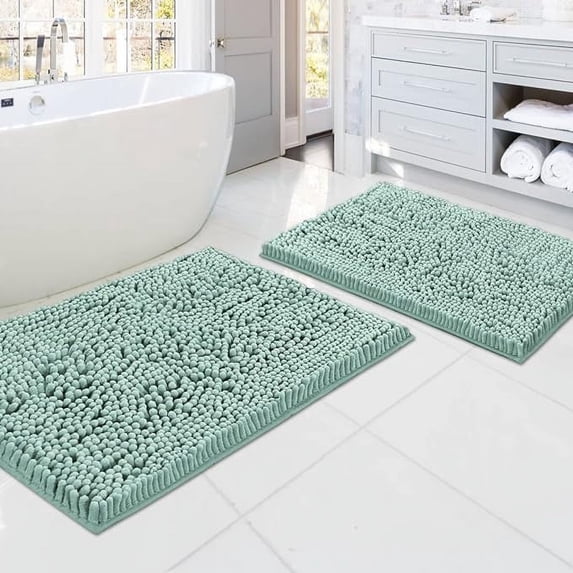 PrimeBeau Bathroom Rugs, Non Slip Luxury Chenille, Extra Soft Absorbent Shaggy, Washable, 2 Piece Set, Aqua