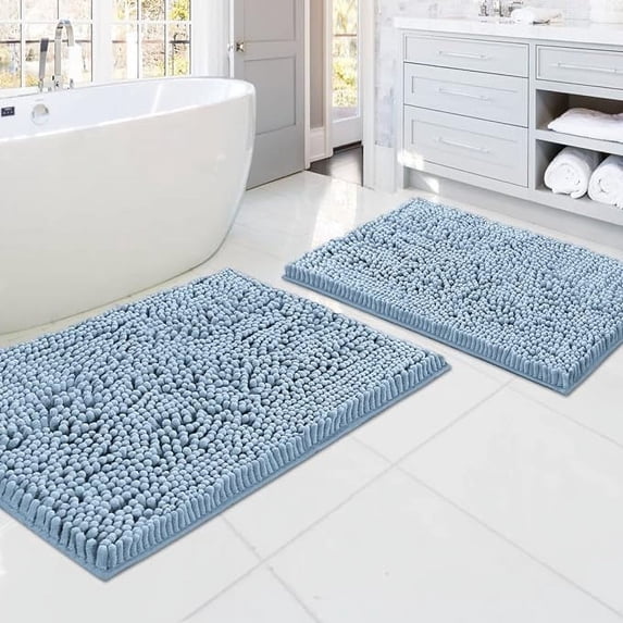 PrimeBeau Bathroom Rugs, Non-Slip Luxury Chenille, Extra Soft Absorbent Shaggy, Washable, 2 Piece Set, Cool Blue